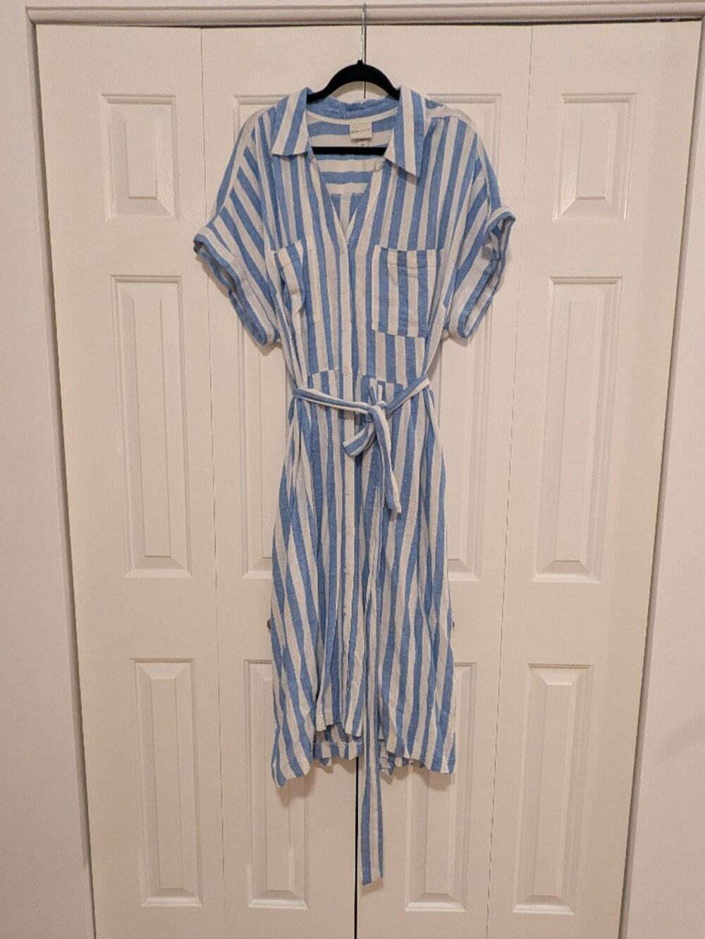 AVA & VIV Blue & White Striped Midi Shirt Dress – Size 2X – Tie Waist